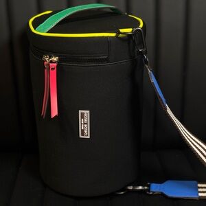 Henri Bendel Black Cylinder Bag with Green and Yellow Accents